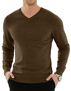 YTD Men's Casual Slim Fit V-Neck Pullover Long Sleeve Knitted Pullover Sweaters XL Brown