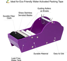 Load image into Gallery viewer, QShield Water Activated Desktop Gum Tape Dispenser Purple with Reinforced Kraft Paper Gummed Tape 2.75In x 75 feet Eco Friendly for Sealing Office Supplies
