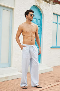 COOFANDY Men's Linen Casual Pants Summer Spring Beach Jog Elastic Waist Trousers Black