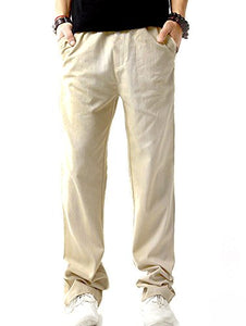 SIR7 Men's Linen Casual Lightweight Drawstrintg Elastic Waist Summer Beach Pants Beige, Large