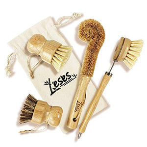 LESES Dish Brush Natural Bamboo Dish Scrub Brush Set with Handle 100% Plastic Free Eco Friendly Cleaning Brushes for Kitchen Cleaning Dish, Bottle, Pots, Pans
