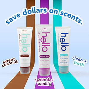 hello All Over Sweet Coconut Deodorant Cream, Aluminum Free Deodorant Cream for Pits, Privates + More, Offers 72 Hours of Freshness, Safe for Sensitive Skin, Vegan, 1 Pack, 3 Oz Tube