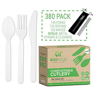 Ecoridge Disposable Compostable Cutlery Silverware Utensils Set - 380pc (140 forks, 120 spoons, 120 knives) - Eco Biodegradable Plastic Utensils Compostable Cutlery Heavy Duty Fork Spoon Knife Set