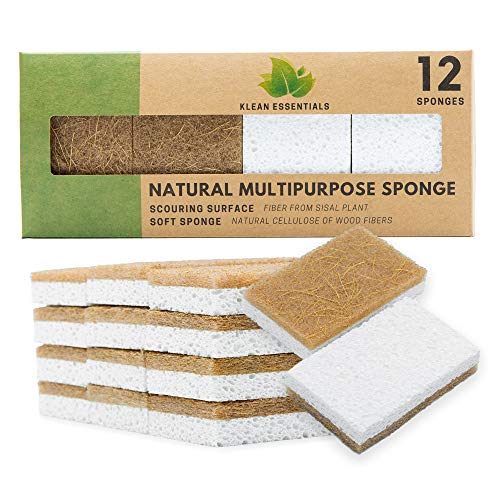 Natural Sponge - 12 Pack - Eco Friendly Scrub Sponges for Kitchen - Non Scratch Plant Based Scrubber Pads for Cleaning Dishes - Odor Free Non Smell - Compostable Biodegradable Cellulose & Sisal Fiber
