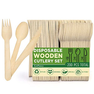 LotFancy Disposable Wooden Cutlery Set, Pack of 200 (100 Forks, 50 Spoons, 50 Knives) Biodegradable Compostable Utensils, Eco-Friendly Recyclable Flatware