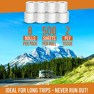 Roadstead RV and Marine Toilet Paper (2-Ply, 8 Rolls, 500 sheets each) - Biodegradable and Septic - Tank Safe Toilet Paper - Rapid Dissolve Toilet Tissue for Camping, Boating, RV Holding Tanks