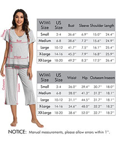 WiWi Bamboo Pajamas Set for Women V Neck Striped Sleepwear Soft Short Tops with Capri Pants Pjs Loungewear S-XXL, Navy, XX-Large