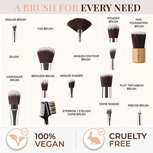 13 Bamboo Makeup Eye Brow Brushes Professional Set - Vegan & Cruelty Free - Eye shadow, Eyebrow, Eyeliner, Blending, Foundation, Blending, Blush, Powder Kabuki Brushes.…
