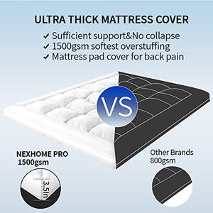 NEXHOME PRO Organic Cotton Queen Cooling Mattress Topper,Pillow Top Mattress Topper for Bed with Baffle Box Design,1500gsm Overfilled Extra Thick Breathable 400tc Plush & Support Pad Cover
