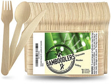 Load image into Gallery viewer, BAMBOODLERS Disposable Wooden Cutlery Set | 100% All-Natural, Eco-Friendly, Biodegradable, and Compostable - Because Earth is Awesome! Pack of 200-6.5” utensils (100 forks, 50 spoons, 50 knives)
