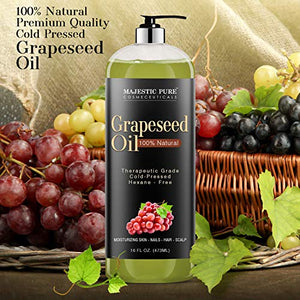 Majestic Pure Grapeseed Oil, Pure & Natural Massage and Carrier Oil, Skin Care for Sensitive Skin, Light Silky Moisturizer for All Skin Types - 16 fl. oz.