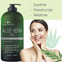 Load image into Gallery viewer, Aloe vera Gel - from 100% Pure Organic Aloe Infused with Manuka Honey, Stem Cell, Tea Tree Oil - Natural Raw Moisturizer for Face, Body, Hair. Perfect for Sunburn, Acne, Razor Bumps 16.9 fl oz
