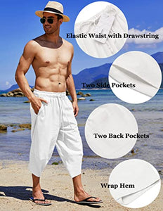 COOFANDY Men's Linen Harem Capri Pants Lightweight Loose 3/4 Shorts Drawstring Elastic Waist Casual Beach Yoga Trousers White