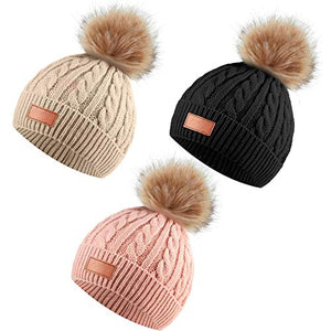 3 Pieces Kids Knitted Woolen Hat Winter Warm Pom Pom Beanie Cap Knit Hat with Detachable Pom for 1-3 Years Old Girls Boys (Black, Dark Pink, Khaki, Single Hairball)