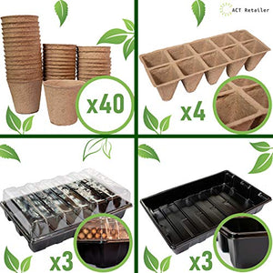 Biodegradable Seed Starter Kit - Seed Starter Trays with Humidity Dome and Base | Germination Trays for Vegetable and Flower Indoor / Outdoor Gardening
