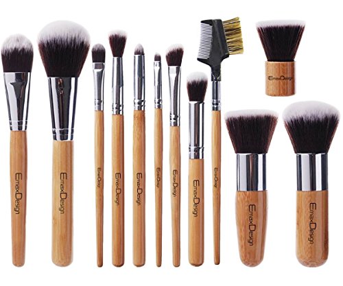 EmaxDesign 12 Pieces Makeup Brush Set Professional Bamboo Handle Premium Synthetic Kabuki Foundation Blending Blush Concealer Eye Face Liquid Powder Cream Cosmetics Brushes Kit With Bag