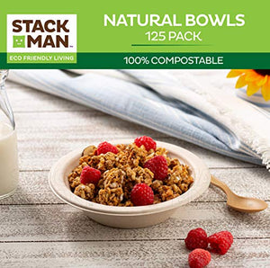 100% Compostable 12 oz. Paper Bowls [125-Pack] Heavy-Duty Quality Natural Disposable Bagasse, Eco-Friendly Biodegradable Made of Sugar Cane Fibers