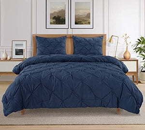 100% Organic Cotton King Navy Comforter Set - 3 Piece Down Alternative Bedding Set, Pinch Pleat Quilted Duvet Insert, All - Season Ultra Soft Warm Comforter ( 1 Comforter , 2 Pillow Shams) - Navy
