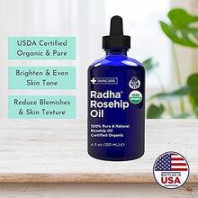 Load image into Gallery viewer, Radha Beauty USDA Certified Organic Rosehip Seed Oil, 100% Pure Cold Pressed - Great Carrier Oil for Moisturizing Face, Hair, Skin, &amp; Nails - 4 fl oz
