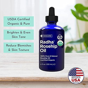 Radha Beauty USDA Certified Organic Rosehip Seed Oil, 100% Pure Cold Pressed - Great Carrier Oil for Moisturizing Face, Hair, Skin, & Nails - 4 fl oz