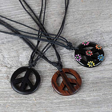 Load image into Gallery viewer, Earth Accessories Adjustable Peace Sign Pendant Necklace with Organic Wood - Hippie Accessories and Hippie Costume for 60s or 70s

