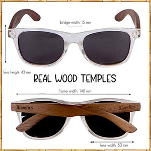 WOODIES Polarized Walnut Wood Sunglasses for Men and Women | Clear Frame Black Polarized Lenses and Real Wooden Frame | 100% UVA/UVB Ray Protection
