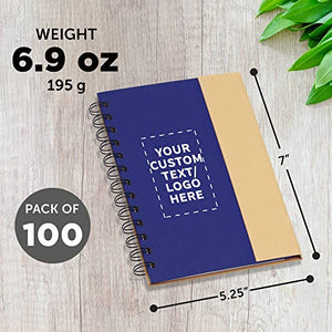 DISCOUNT PROMOS Custom Eco Friendly Spiral Notebooks with Pens Set of 100, Personalized Bulk Pack - Perfect for School, Office, Home - Blue