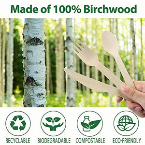 LotFancy Disposable Wooden Cutlery Set, Pack of 200 (100 Forks, 50 Spoons, 50 Knives) Biodegradable Compostable Utensils, Eco-Friendly Recyclable Flatware