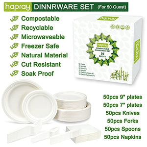 hapray 300PCS Compostable Paper Plates Set, Biodegradable Heavy Duty Plates and Utensils, Eco Friendly Disposable Cutlery, Dinnerware for Party Camping Picnic Made of Plant Fibers
