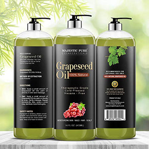 Majestic Pure Grapeseed Oil, Pure & Natural Massage and Carrier Oil, Skin Care for Sensitive Skin, Light Silky Moisturizer for All Skin Types - 16 fl. oz.