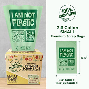 Holy Scrap! Compostable Trash Bags Small - Pack of 100 - Kitchen Compost Bags 2.6 Gallon Trash Bags - Compost Biodegradable Bags 1-3 Gallon Countertop Garbage Bin - Bathroom Bio Mini Trash Can Liners