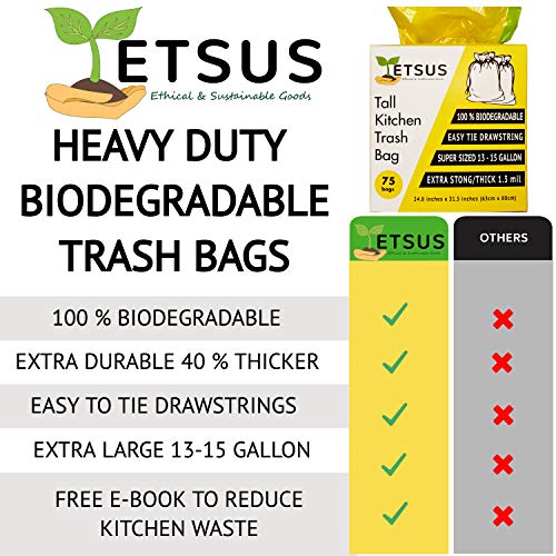 ETSUS Biodegradable Trash Bags for 13-15 Gallon Bins - Tall Kitchen Garbage  Bags with Drawstrings - Durable Compost Bags for Home, Office, and