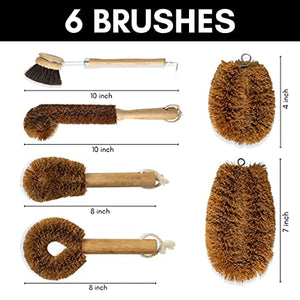 SKARBY Mega Eco Brush Collection - Set of 6 Natural Wooden & Tawashi Brushes for Kitchen and Household Use - Zero Waste & Plastic Free - Dish Scrub Brush Bottle Brush Pot Pan & Vegetable Brushes