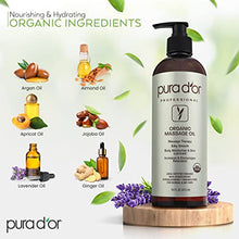 Load image into Gallery viewer, PURA D&#39;OR Organic Massage Therapy Oil (16oz) USDA Certified Almond, Apricot, Argan, Ginger, Jojoba, Lavender Oils for Silky &amp; Softer Skin, Body Moisturizer &amp; Skin Lubricant (Packaging May Vary)
