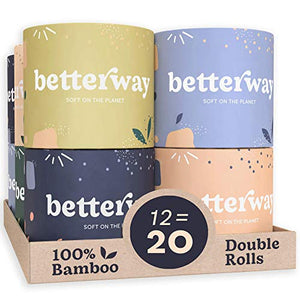 Betterway Bamboo Toilet Paper 3 PLY - Eco Friendly, Sustainable Toilet Tissue - 12 Double Rolls & 360 Sheets Per Roll - Septic Safe - Organic, Plastic Free, Compostable & Biodegradable - FSC Certified