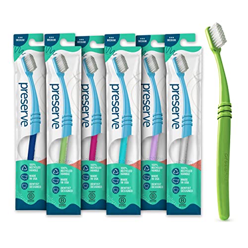 Preserve Eco Friendly Adult Toothbrushes, Made in The USA from Recycled Plastic, Lightweight Pouch, Medium Bristles, Colors Vary, 6 Count