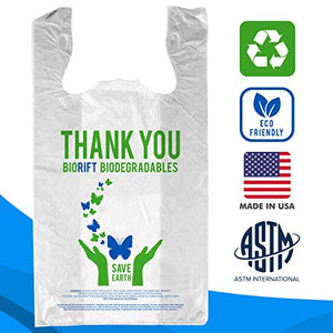 BioRift Eco Grocery Bags (500 Count) Biodegradable Plastic Thank You Bags – Reusable & Recyclable Supermarket T Shirt Trash Can Bags - For Small Environment Shopping - Sturdy Handles For Multiple Uses