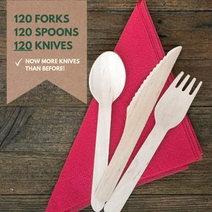 PURPLECLAY Disposable Wooden Utensils Set 360 PCS (120 Forks 120 Spoons 120 Knives) Alternative to Plastic Cutlery -Compostable Biodegradable 100% Wood Utensils - Chemical-Free