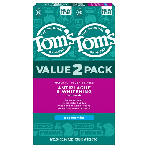 Tom's of Maine Natural Toothpaste, Fluoride Free, Antiplaque & Whitening, Peppermint, 5.5 oz. 2-Pack