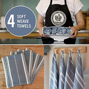 Country Trading Co. Big Thirsty Dish Towels - Organic Cotton Super Absorbent Kitchen Towels, Set of 4, Blue and White Stripe – Soft Weave Machine Washable Tea Towels - 25” x 19”