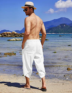 COOFANDY Men's Linen Harem Capri Pants Lightweight Loose 3/4 Shorts Drawstring Elastic Waist Casual Beach Yoga Trousers White