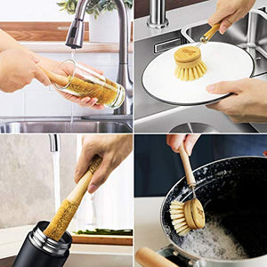 LESES Dish Brush Natural Bamboo Dish Scrub Brush Set with Handle 100% Plastic Free Eco Friendly Cleaning Brushes for Kitchen Cleaning Dish, Bottle, Pots, Pans