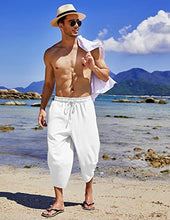 Load image into Gallery viewer, COOFANDY Men&#39;s Linen Harem Capri Pants Lightweight Loose 3/4 Shorts Drawstring Elastic Waist Casual Beach Yoga Trousers White
