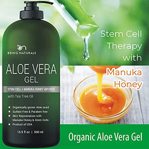Aloe vera Gel - from 100% Pure Organic Aloe Infused with Manuka Honey, Stem Cell, Tea Tree Oil - Natural Raw Moisturizer for Face, Body, Hair. Perfect for Sunburn, Acne, Razor Bumps 16.9 fl oz