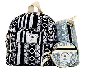 Eco Friendly Set Of Mini Backpack + Pen case + Coin Purse Hemp University Light Weight Backpack For Girl (Black & White)