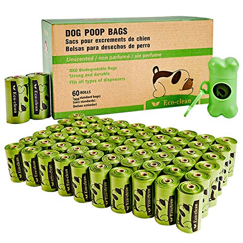 Eco-clean Dog Poop Bags, 60 Rolls / 900 Count Dog Waste Bags with Dispenser and Leash Clip, Unscented, Extra Thick and Strong Poop Bags for Dogs