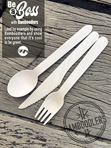 BAMBOODLERS Disposable Wooden Cutlery Set | 100% All-Natural, Eco-Friendly, Biodegradable, and Compostable - Because Earth is Awesome! Pack of 200-6.5” utensils (100 forks, 50 spoons, 50 knives)
