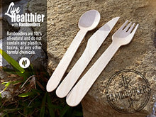 Load image into Gallery viewer, BAMBOODLERS Disposable Wooden Cutlery Set | 100% All-Natural, Eco-Friendly, Biodegradable, and Compostable - Because Earth is Awesome! Pack of 200-6.5” utensils (100 forks, 50 spoons, 50 knives)
