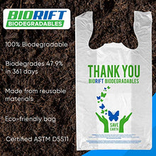 Load image into Gallery viewer, BioRift Eco Grocery Bags (500 Count) Biodegradable Plastic Thank You Bags – Reusable &amp; Recyclable Supermarket T Shirt Trash Can Bags - For Small Environment Shopping - Sturdy Handles For Multiple Uses
