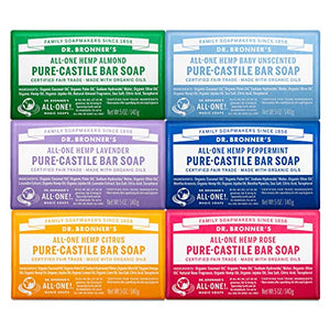 Dr. Bronner's - Pure-Castile Bar Soap (5 Ounce Variety Gift Pack) Almond, Unscented, Lavender, Peppermint, Citrus, Rose - Made with Organic Oils, For Face, Body and Hair, Gentle and Moisturizing